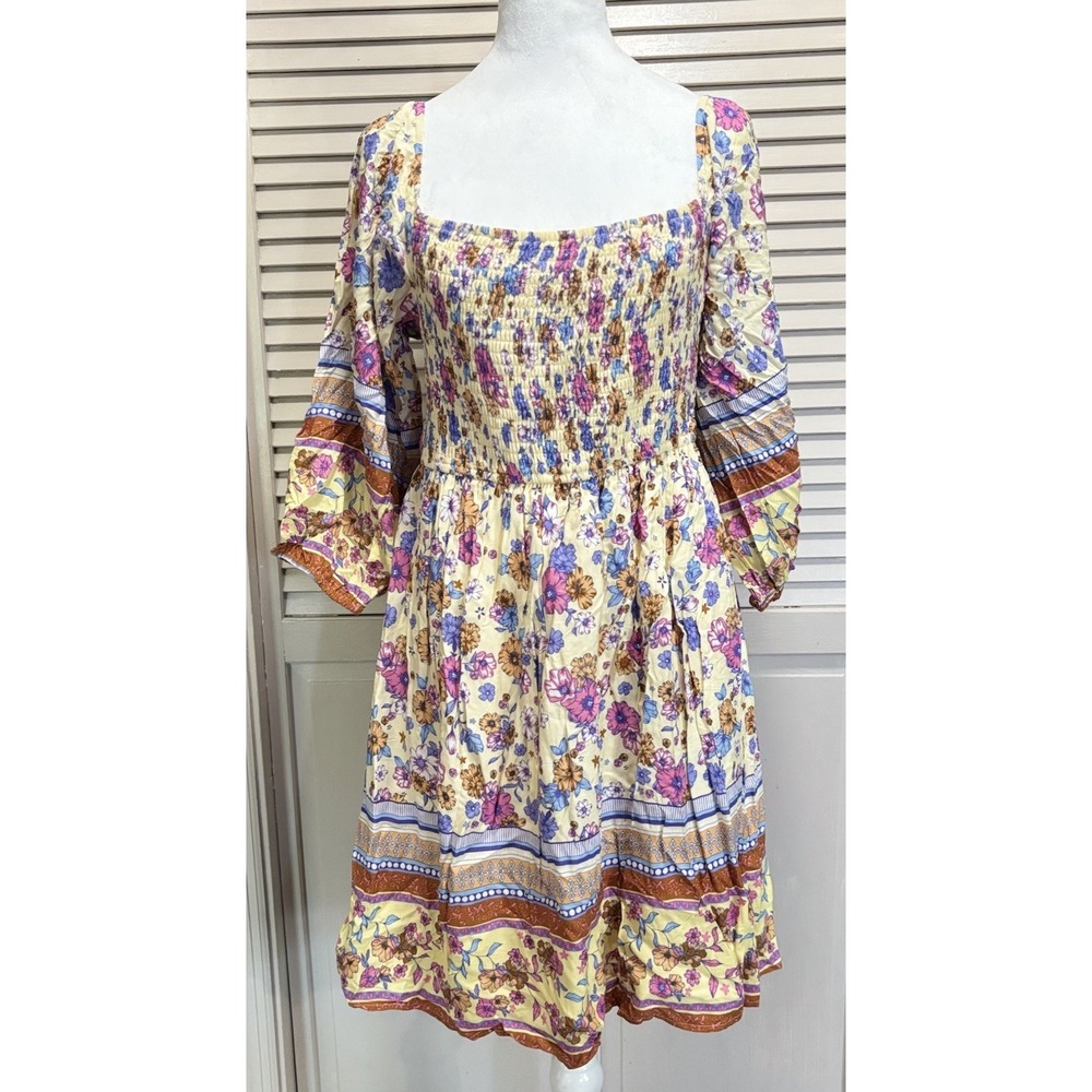 Southern Fried Chics Floral Fit Flare Dress NWT Sz XL Lined Smocked Long Sl